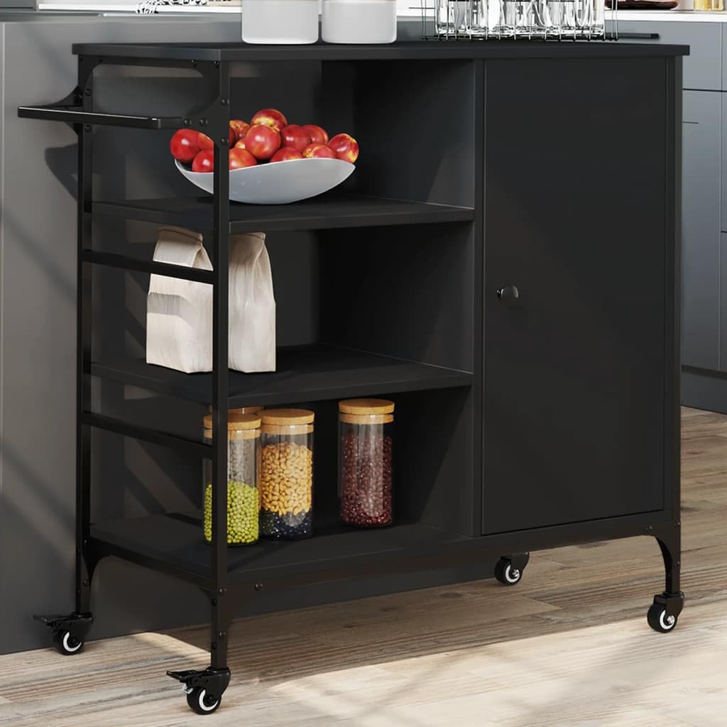 vidaXL Kitchen Trolley in Black - Engineered Wood Multi-Tier Storage Cart with Wheels/Towel Rack for Kitchen/Bathroom/Living Room, 34.4x15.2x33.3