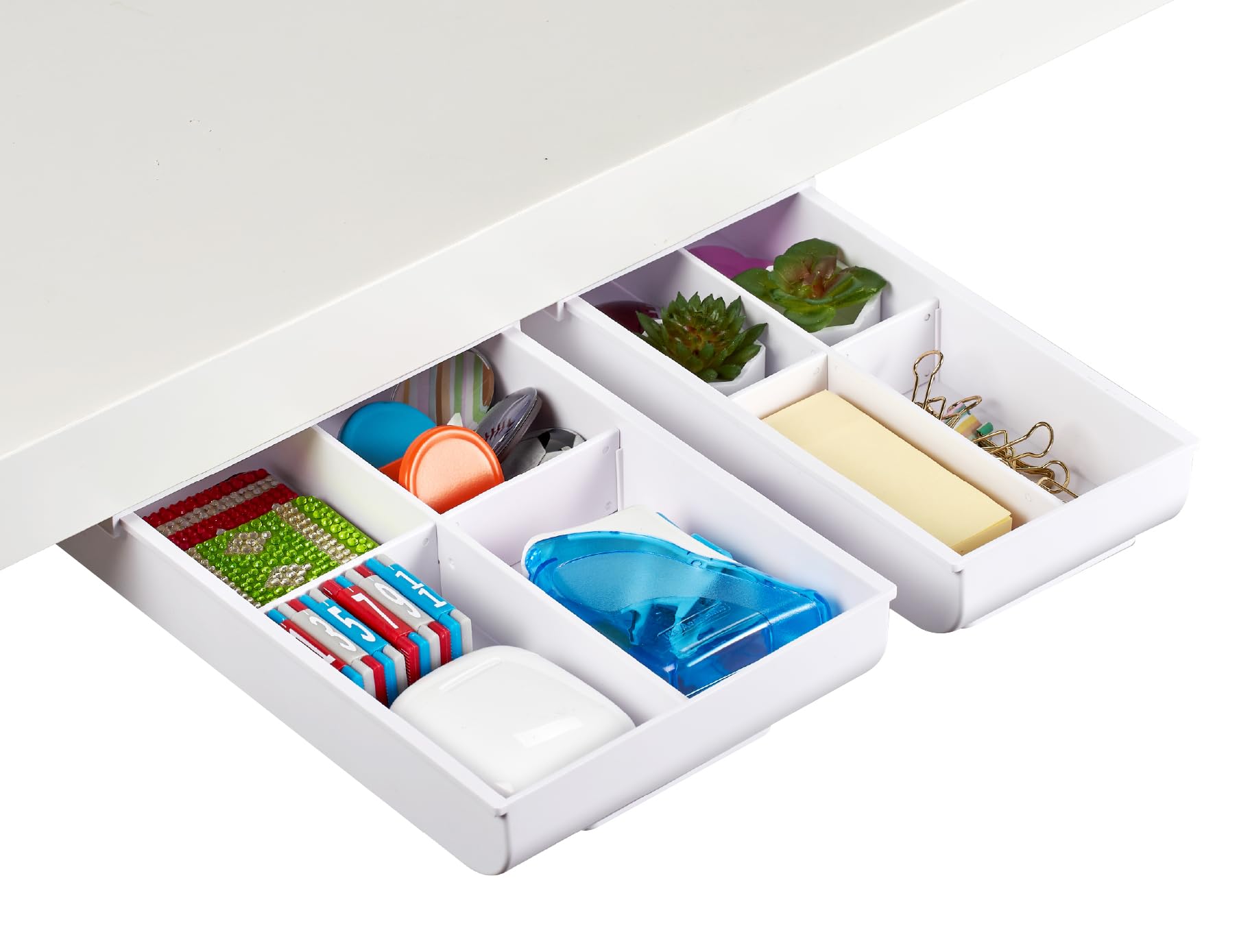 Bostitch Konnect Under Desk Drawer, Self-Adhesive Slide Out Storage Organizer With 4 Customizable Dividers, 2-Pack