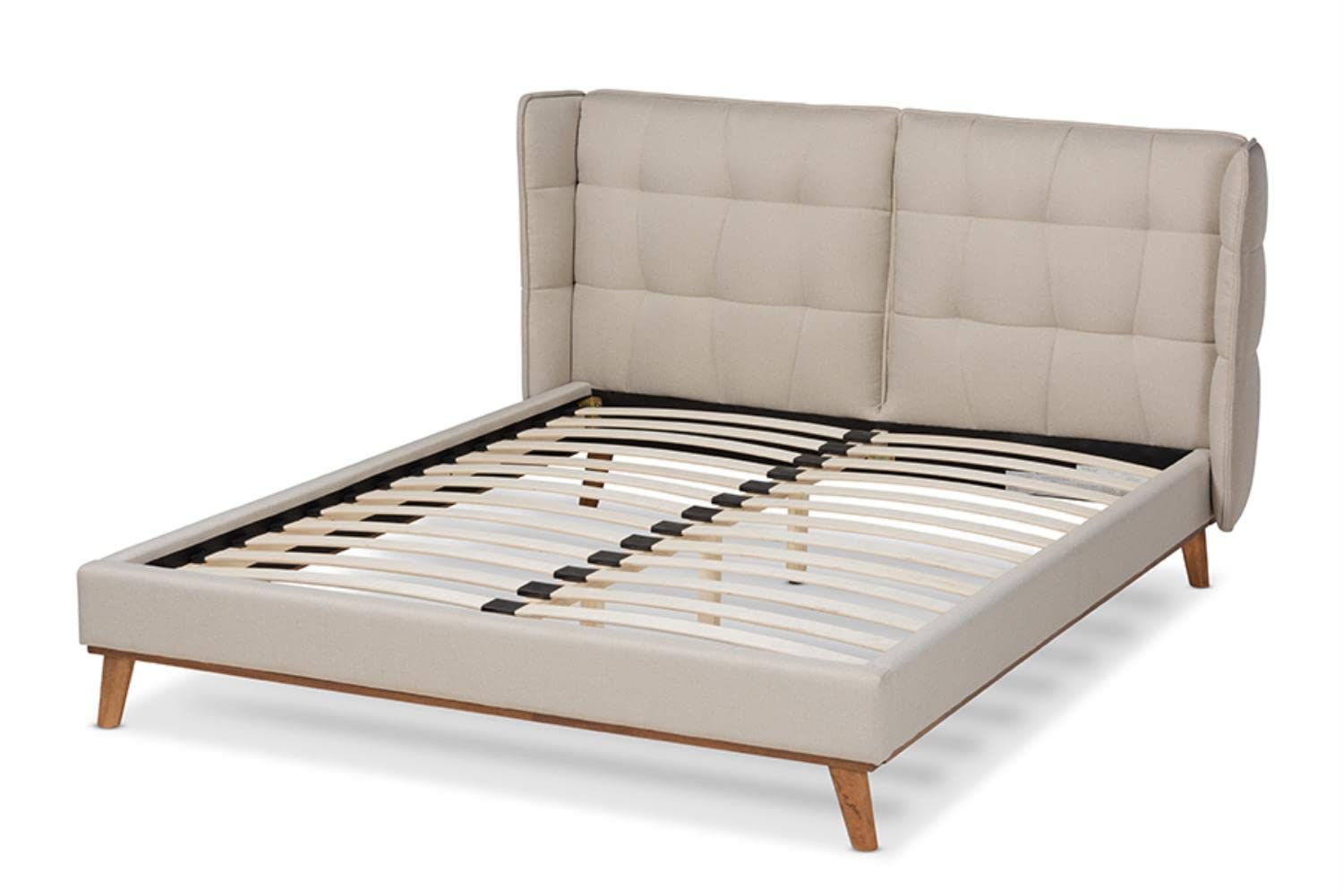 Baxton Studio Gretchen Modern and Contemporary Light Beige Fabric Upholstered and Walnut Brown Finished Wood Queen Size Platform Wingback Bed