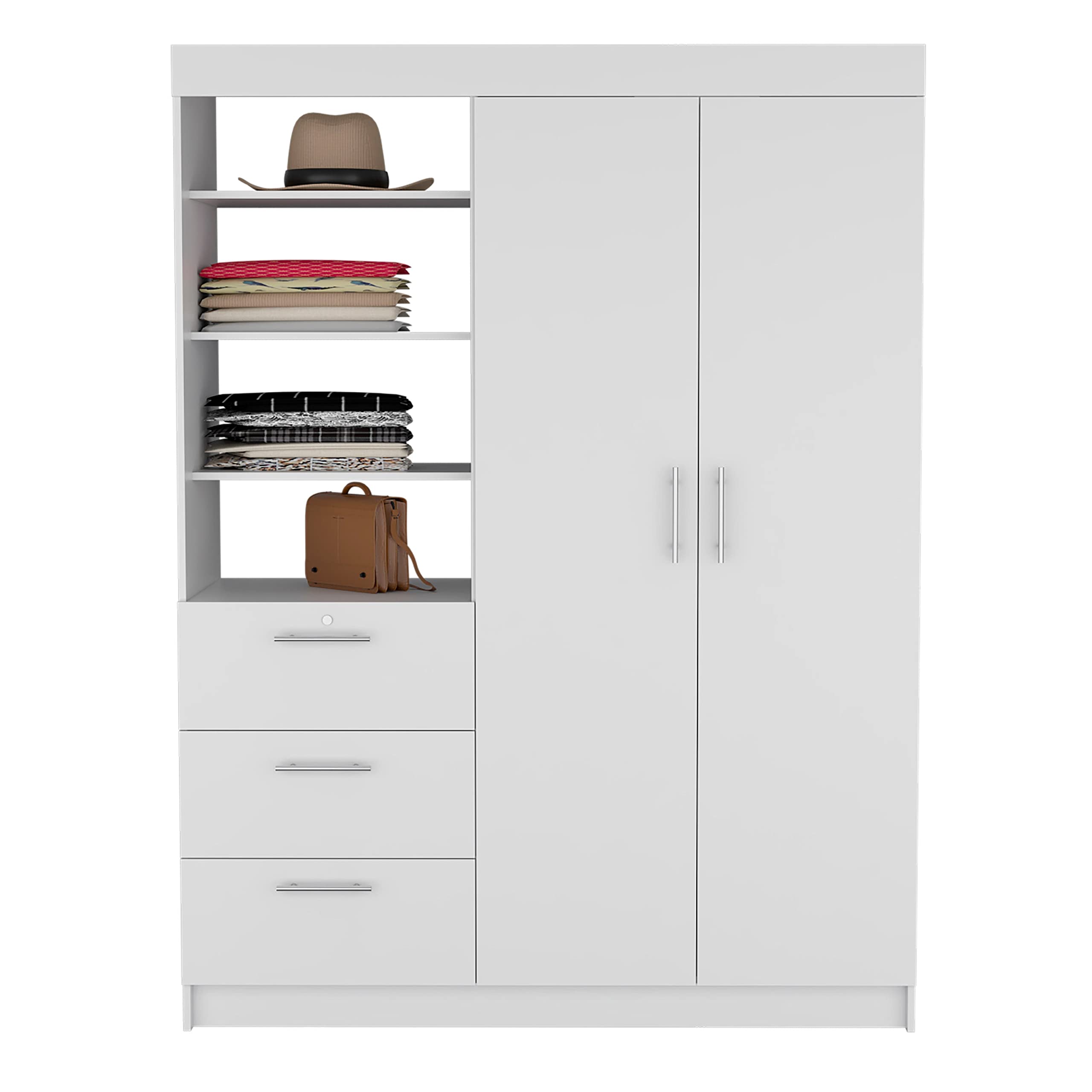 Depot E-Shop Laurel 3-Tier Shelf And Drawers Armoire With Metal Handles, White