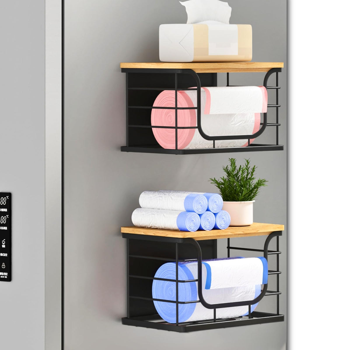 Ofirayhome Magnetic Shelf for Fridge Trash Bag Organizer, 2 Pack, Black
