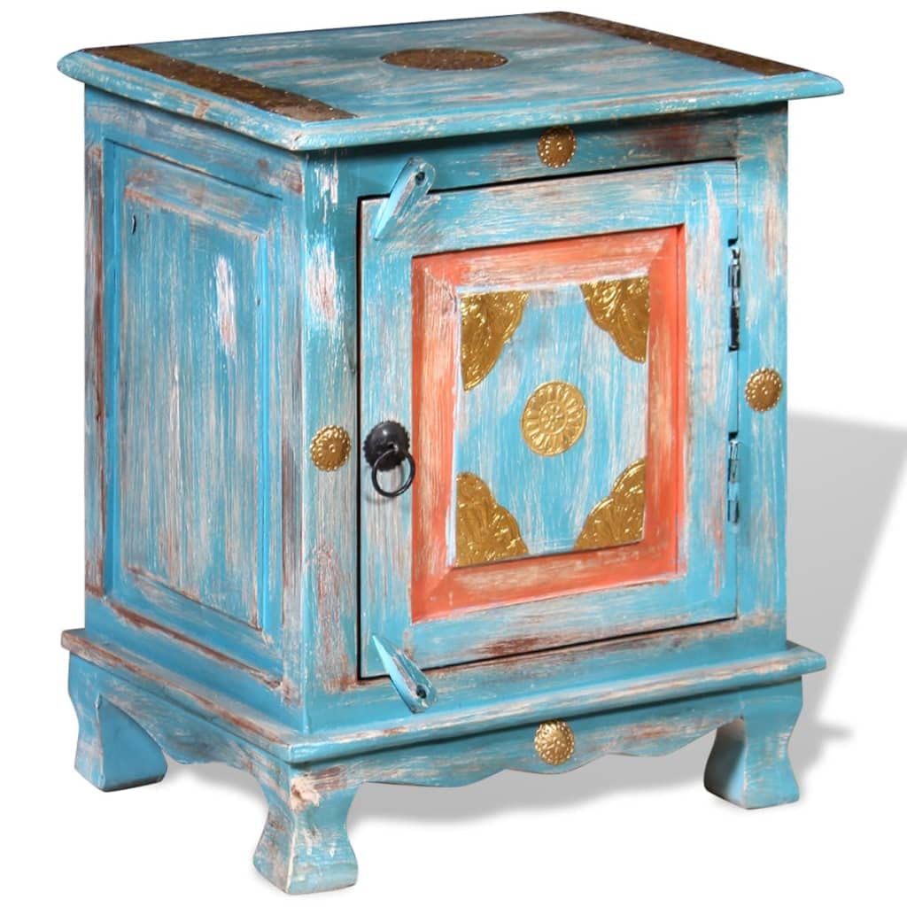 vidaXL Solid Mango Wood Nightstand - Blue, Vintage Indian Style, Versatile as End Table or Telephone Stand with Spacious Cabinet Storage, Handmade with Decorative Brass Fittings.