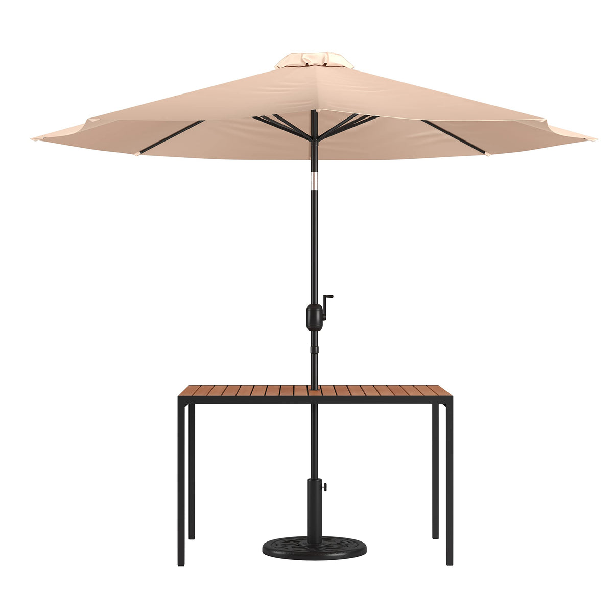 Flash Furniture Lark 3 Piece Outdoor Patio Table Set - Natural Faux Teak Dining Table - 30&quot; x 48&quot; Synthetic Teak Patio Table with Tan Umbrella and Base