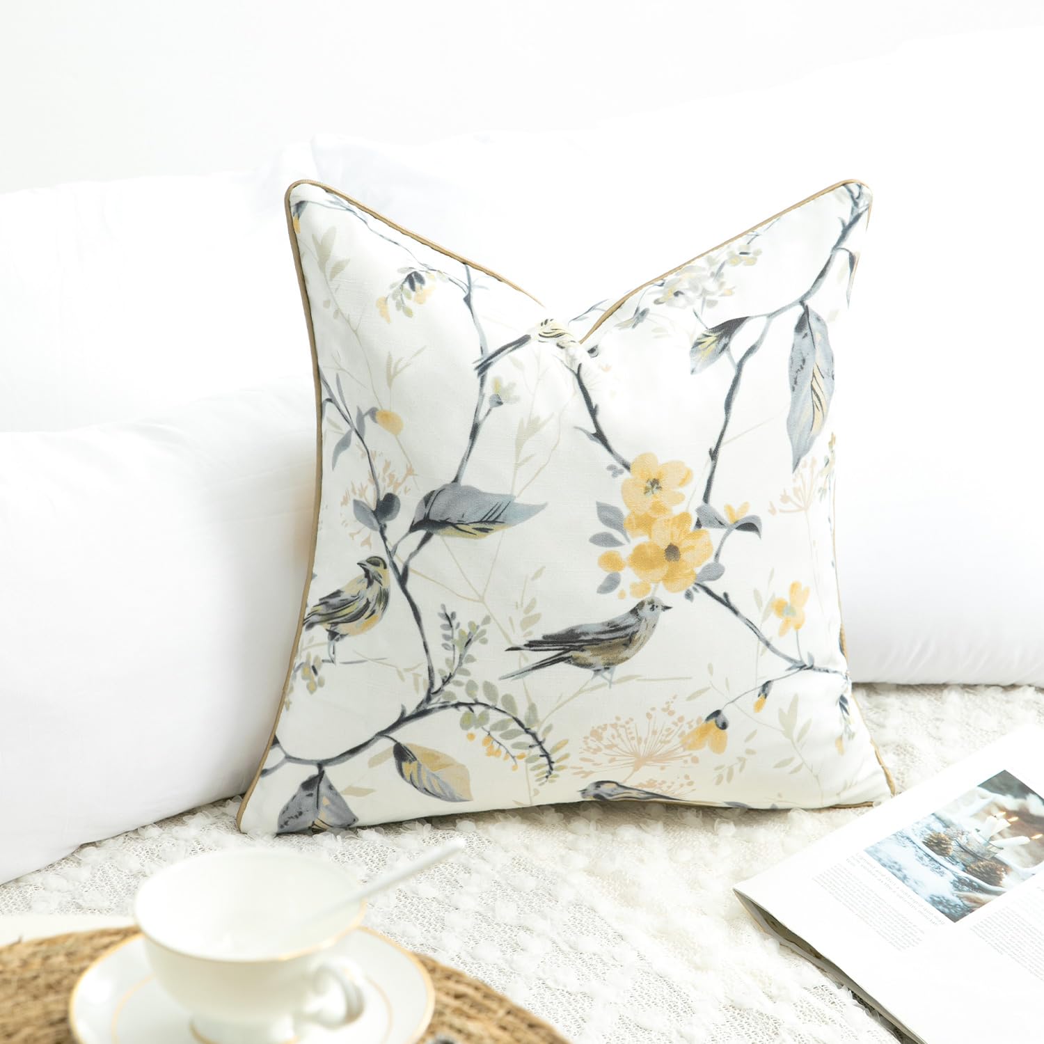 Vogol Linen Textured Throw Pillow Covers, Grey Sparrows Print Soft Touch Accent Cushion Covers With Piped Edge, 20X20 Inch Squar