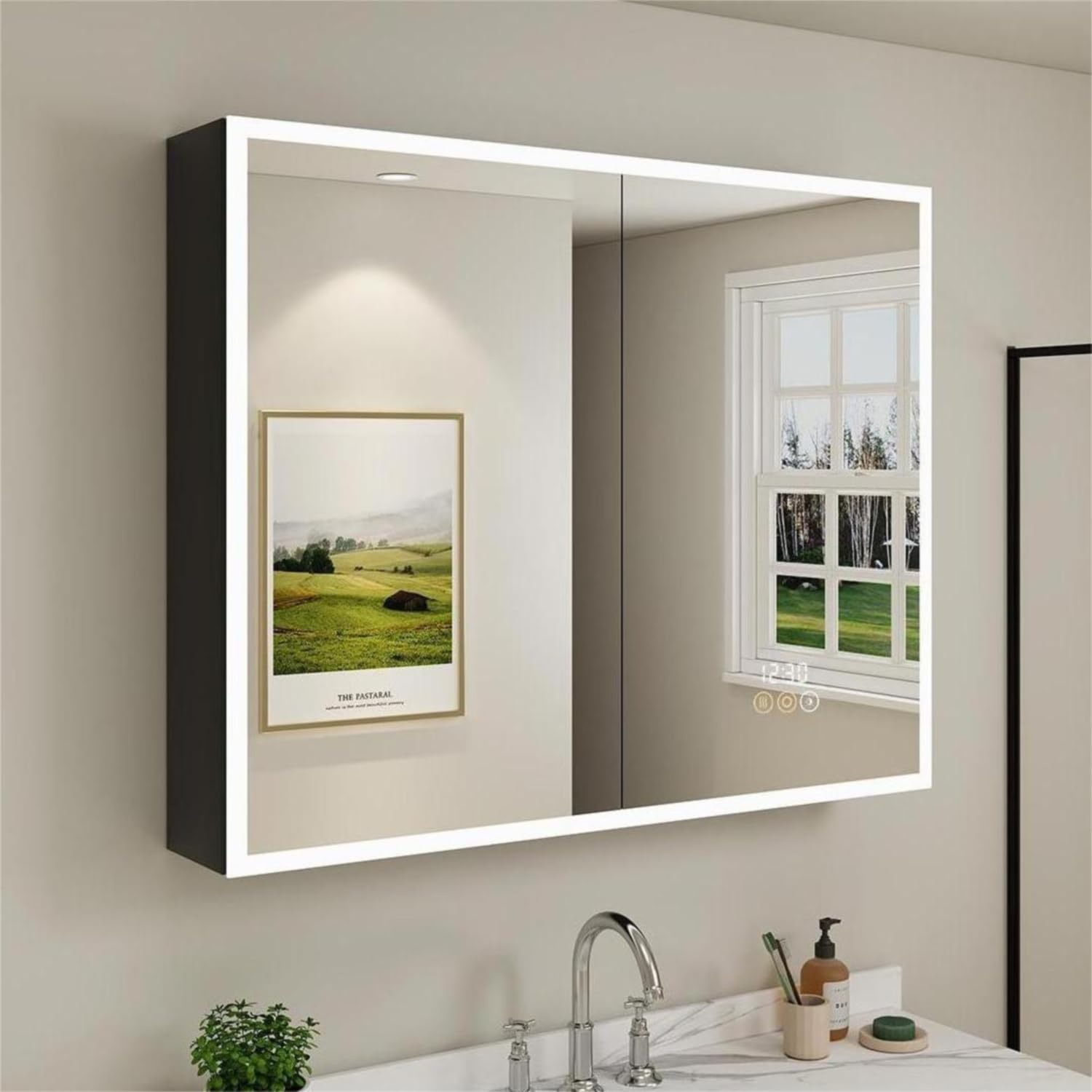 Buruis Medicine Cabinet with LED Lights and Mirror, 36 x 32 Inch Recessed/Wall Mounted Bathroom Cabinet, 3-Color Light, Defogger