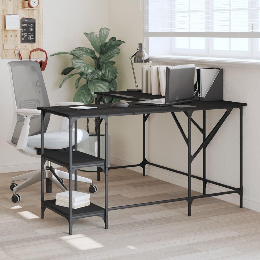 vidaXL Black L-Shaped Engineered Wood Desk - Computer Table with Shelves, Metal Frame, Adjustable Feet for Home/Office