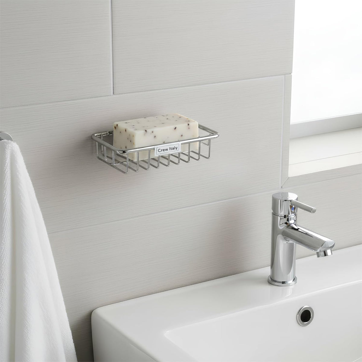 Crew Italy Stainless Steel Soap Dish Holder | Wall Mounted Soap Case for Bathroom and Kitchen | No Drill Install, Rustproof, Eas