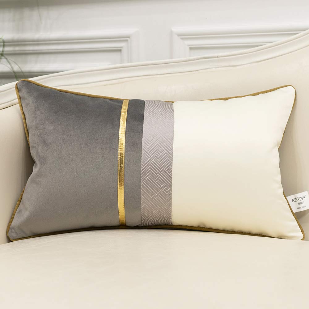 Avigers 12 X 20 Inches Gray White Gold Leather Striped Patchwork Velvet Cushion Case Luxury Modern Throw Pillow Cover Decorative