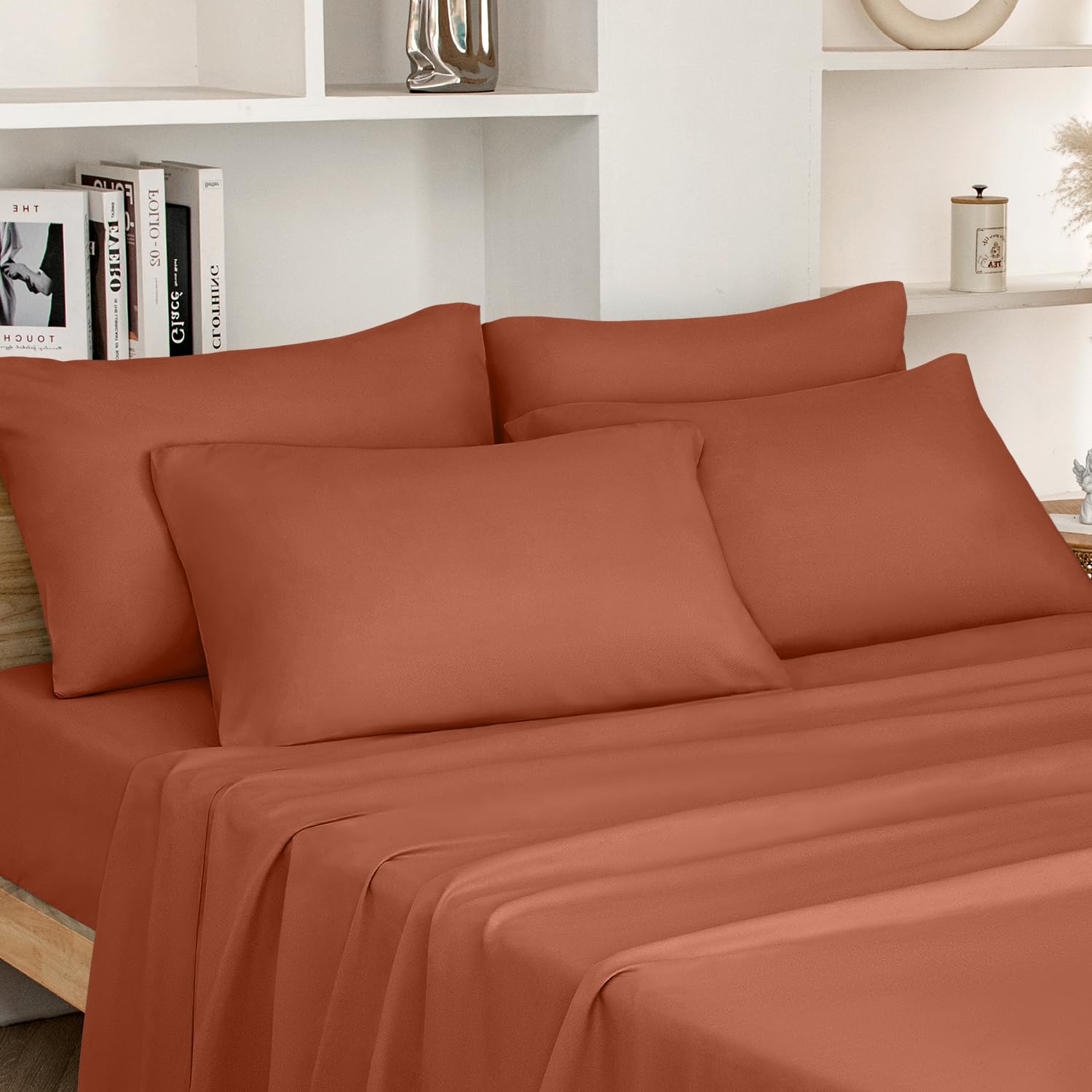 Homeideas King Size Terracotta Bed Sheets - 6 Piece Set (Burnt Orange) - Extra Soft Brushed Microfiber 1800 Bedding Rust Sheets,