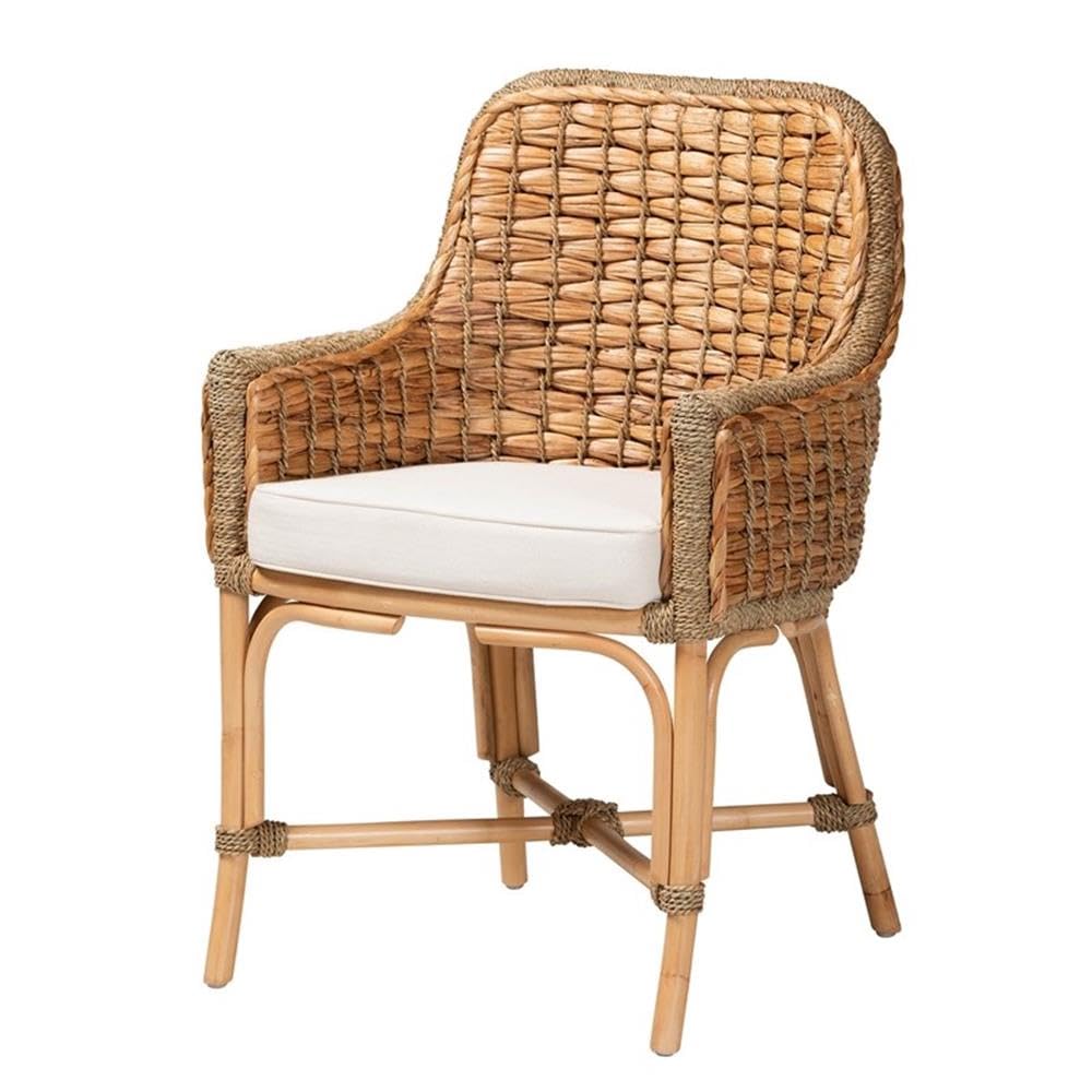 Baxton Studio Kyle Natural Brown Woven Rattan Dining Arm Chair with Cushion