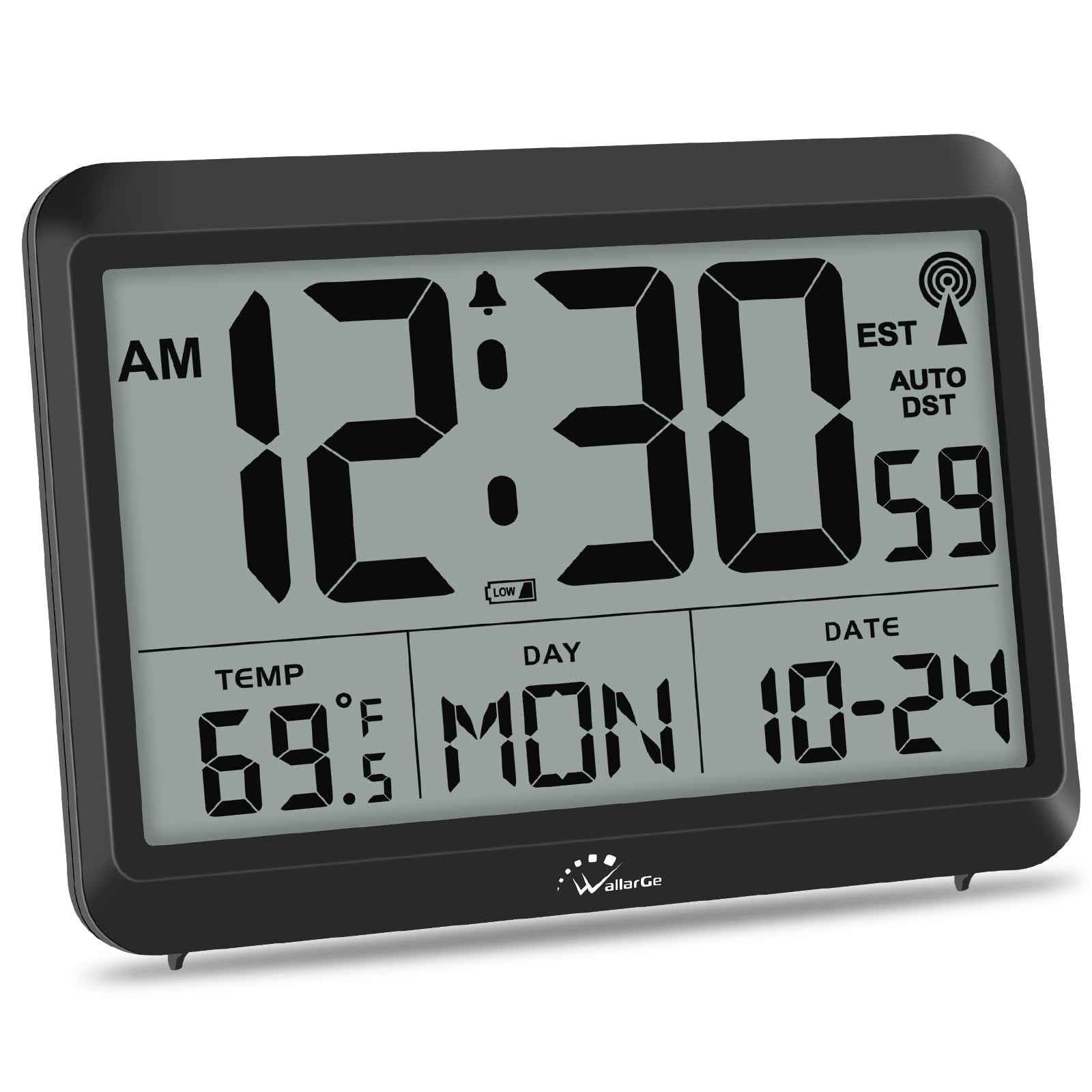 WallarGe Atomic Clock Battery Operated - Large Display Digital Alarm Clock with Seconds and Indoor Temeperature, 4 Time Zones, D