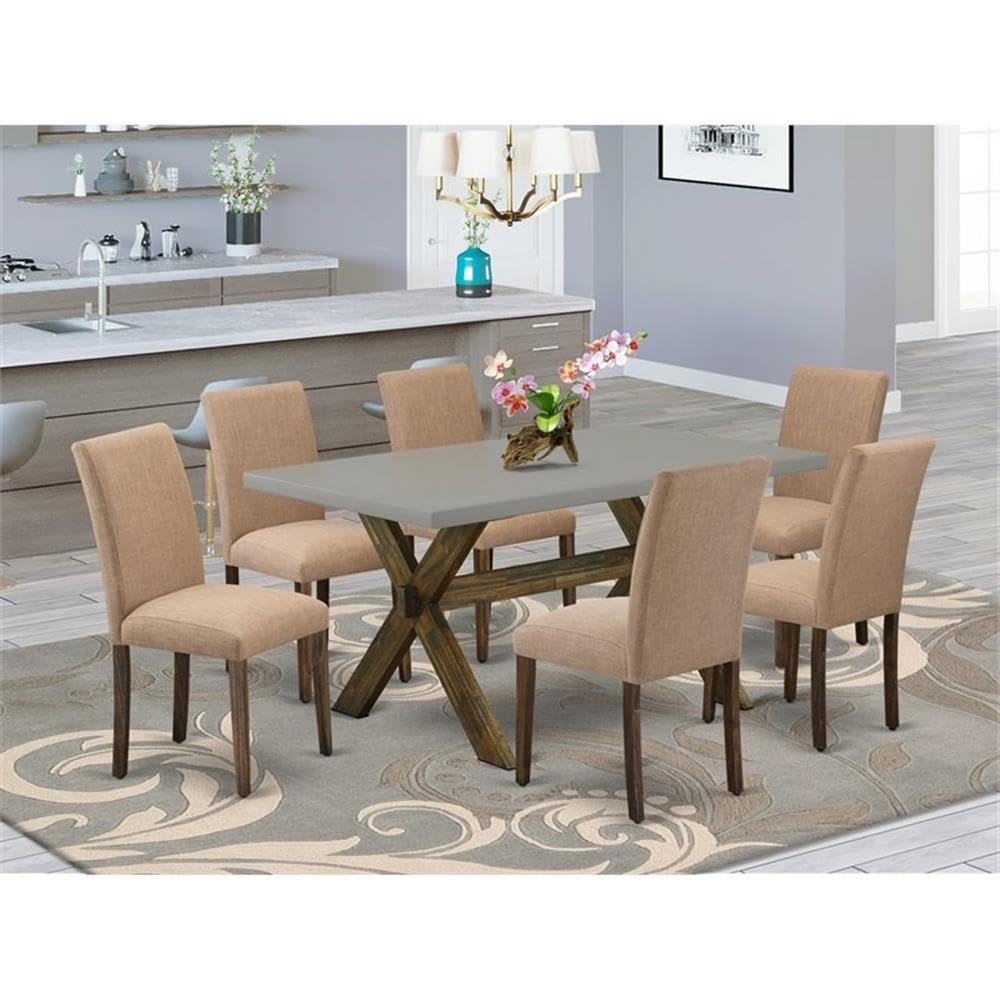 East West Furniture X796Ab747-7 7 Piece Modern Dining Table Set Consist Of A Rectangle Wooden Table With X-Legs And 6 Light Sable Linen Fabric Upholstered Chairs, 36X60 Inch, Multi-Color