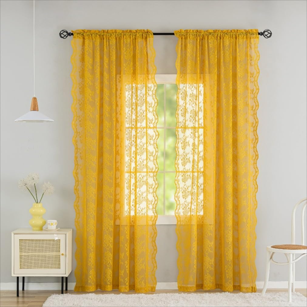 Yj Yanjun Mustard Yellow Curtains 96 Inches Long For Living Room Retro Lace Mid Century Modern Curtains Light Filtering Sheer Ye
