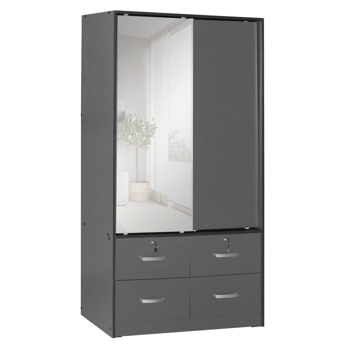 Better Home Products Sarah Double Sliding Door Armoire With Mirror In Dark Gray