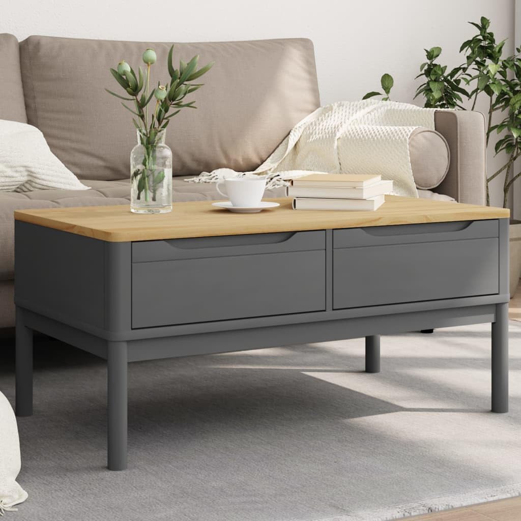 vidaXL Floro Gray Coffee Table - Solid Pine Wood, 39"x21.9"x17.7" - Modern Storage Side Table with Drawers for Living Room