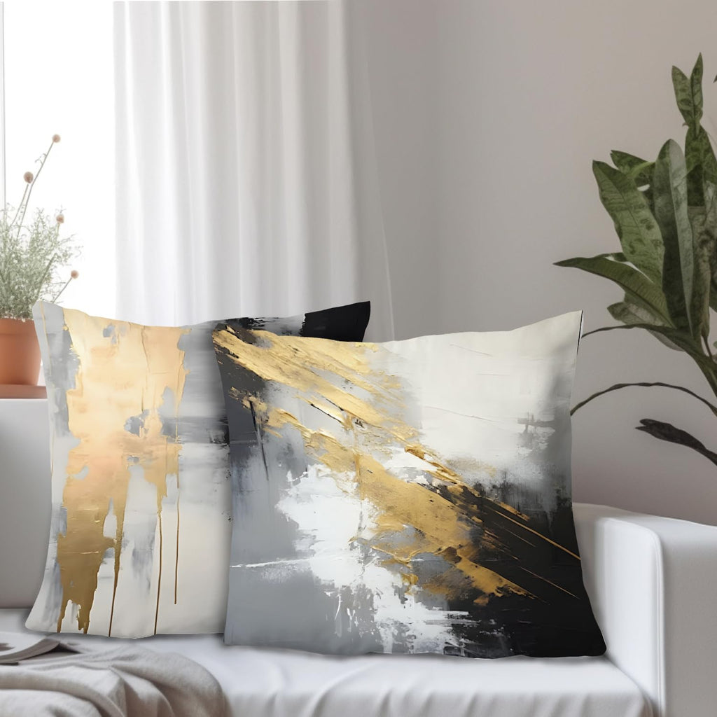 Supwhd Black And Gold Pillow Covers, Abstract White Black And Gold Pillow Covers 16X16 Set Of 2, Modern Black And White Pillow C