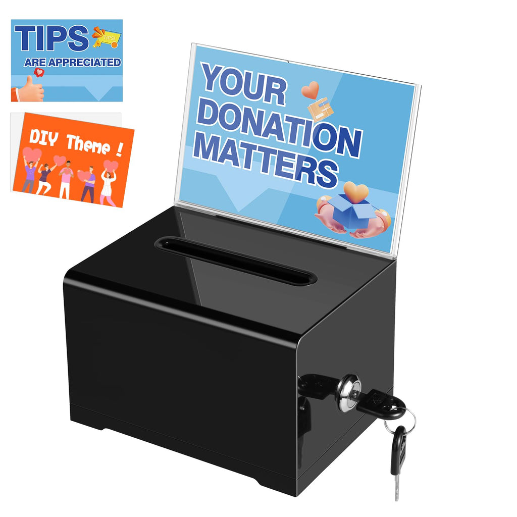 Polmart Black Donation Box With Lock - Secure Ballot Box With Removable Sign Holder & 2 Keys - For Money, Cards, Votes, Tickets,