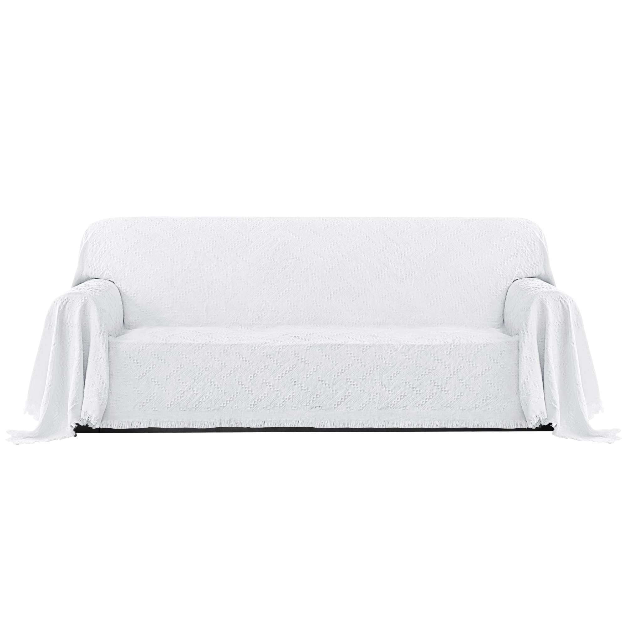 Purefit Geometric Jacquard Throw Sofa Cover - Textured Soft Washable Decorative Couch Covers For 3 Cushion Couch, Throw Cover With Tassels Furniture Protector For Pets, Kids (Large, White)