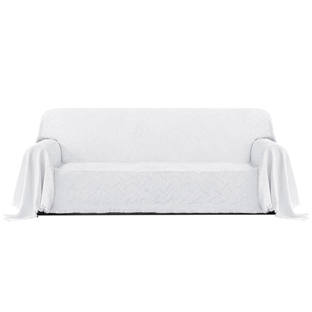 Purefit Geometric Jacquard Throw Sofa Cover - Textured Soft Washable Decorative Couch Covers For 3 Cushion Couch, Throw Cover With Tassels Furniture Protector For Pets, Kids (Large, White)