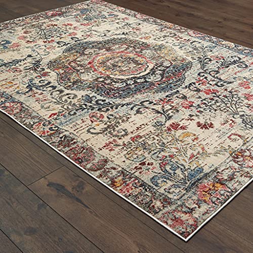 HomeRoots Polypropylene 4’x6’ Ivory Distressed Medallion Area Rug