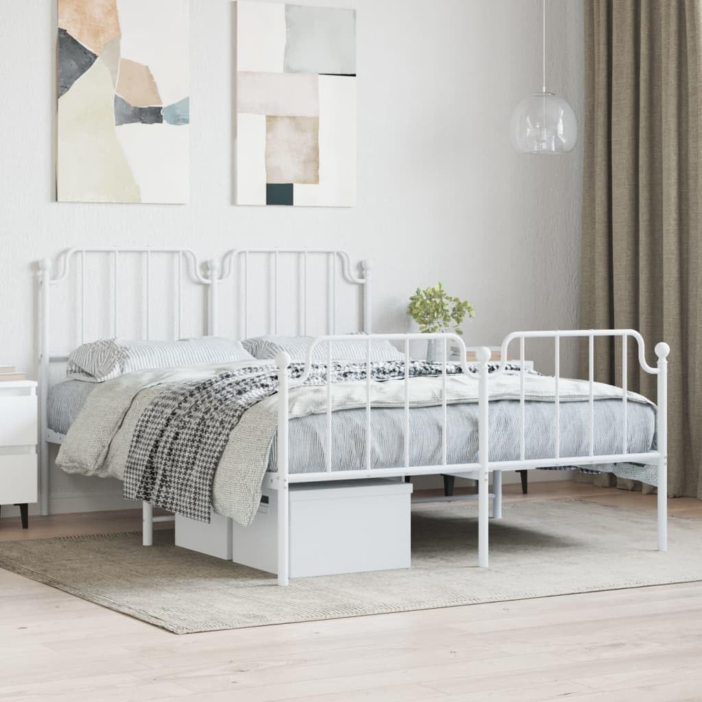 vidaXL Powder-Coated Steel Bed Frame with Headboard and Footboard - Elegant Classic Design, Durable Metal Slats & Legs, Extra Storage Space, White