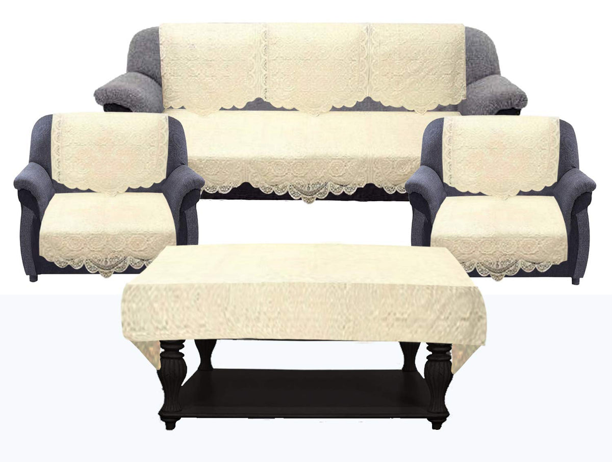 Kuber Industries Self Cotton 5 Seater Sofa Cover With Center Table Cover, 70' X 29', 7 Piece, Cream