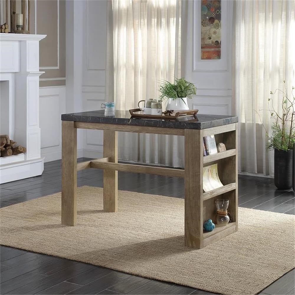 Acme Charnell Marble Top Counter Heigh Table with Storage Base in Black and Oak