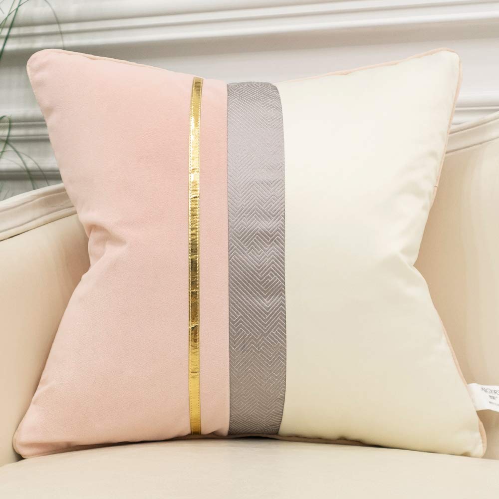 Avigers 18 X 18 Inches Pink White Gold Leather Striped Patchwork Velvet Cushion Case Luxury Modern Throw Pillow Cover Decorative