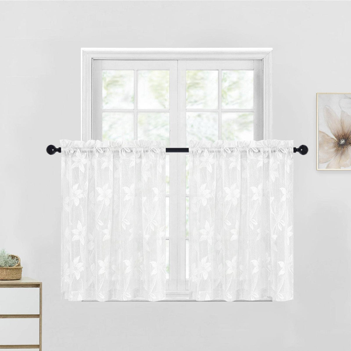 Dwcn White Floral Lace Short Curtains - Rod Pocket Window Voile Sheer Drapes For Kitchen Living Room Bathroom Small Window 42 X