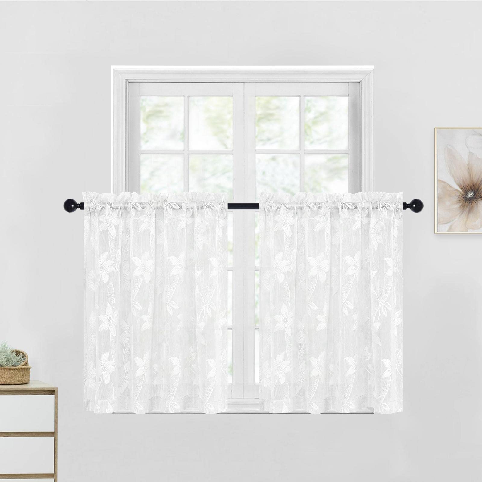 Dwcn White Floral Lace Short Curtains - Rod Pocket Window Voile Sheer Drapes For Kitchen Living Room Bathroom Small Window 42 X