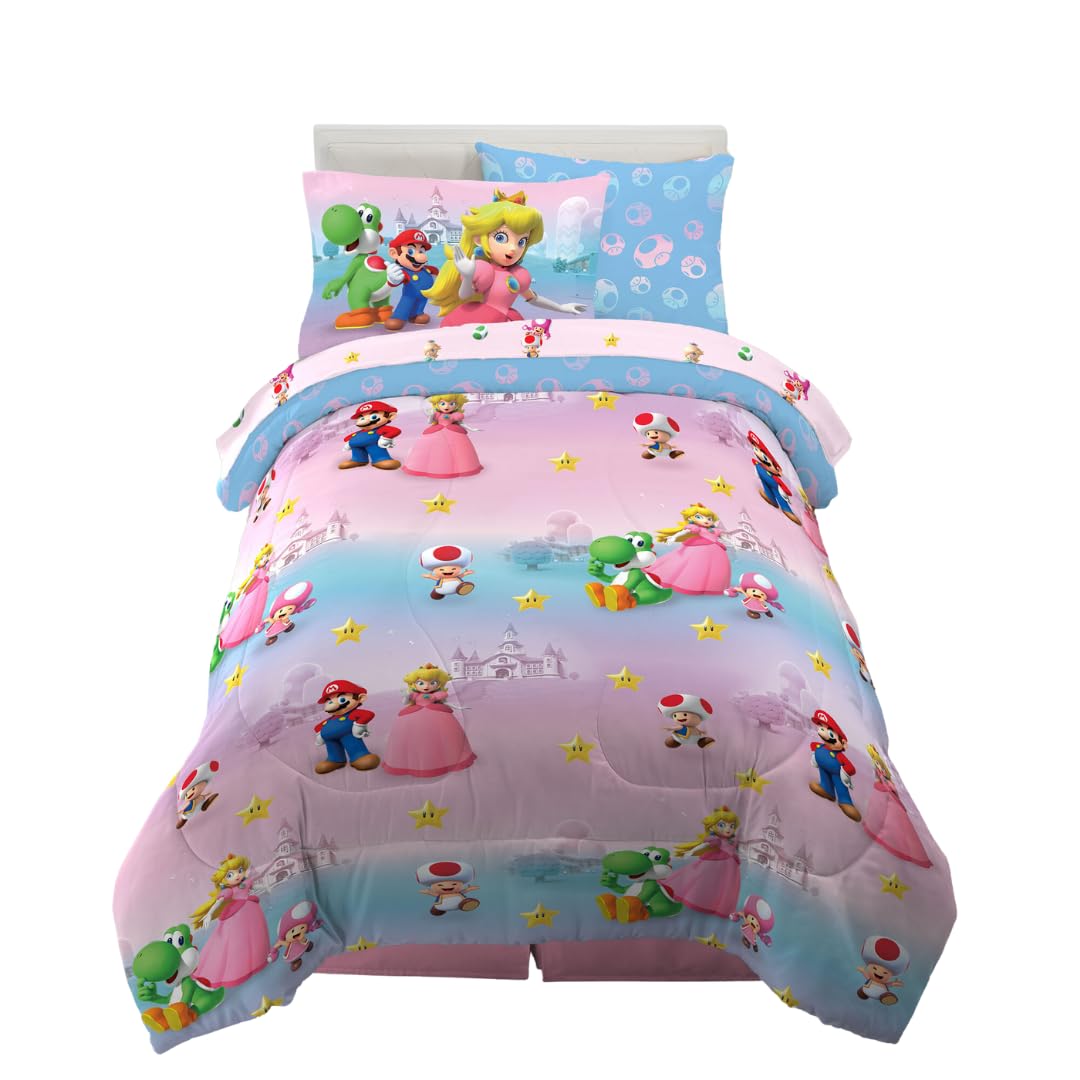 Franco Super Mario Girl Princess Peach Girl Gamer Kids Bedding Super Soft Comforter And Sheet Set With Sham, 5 Piece Twin Size,