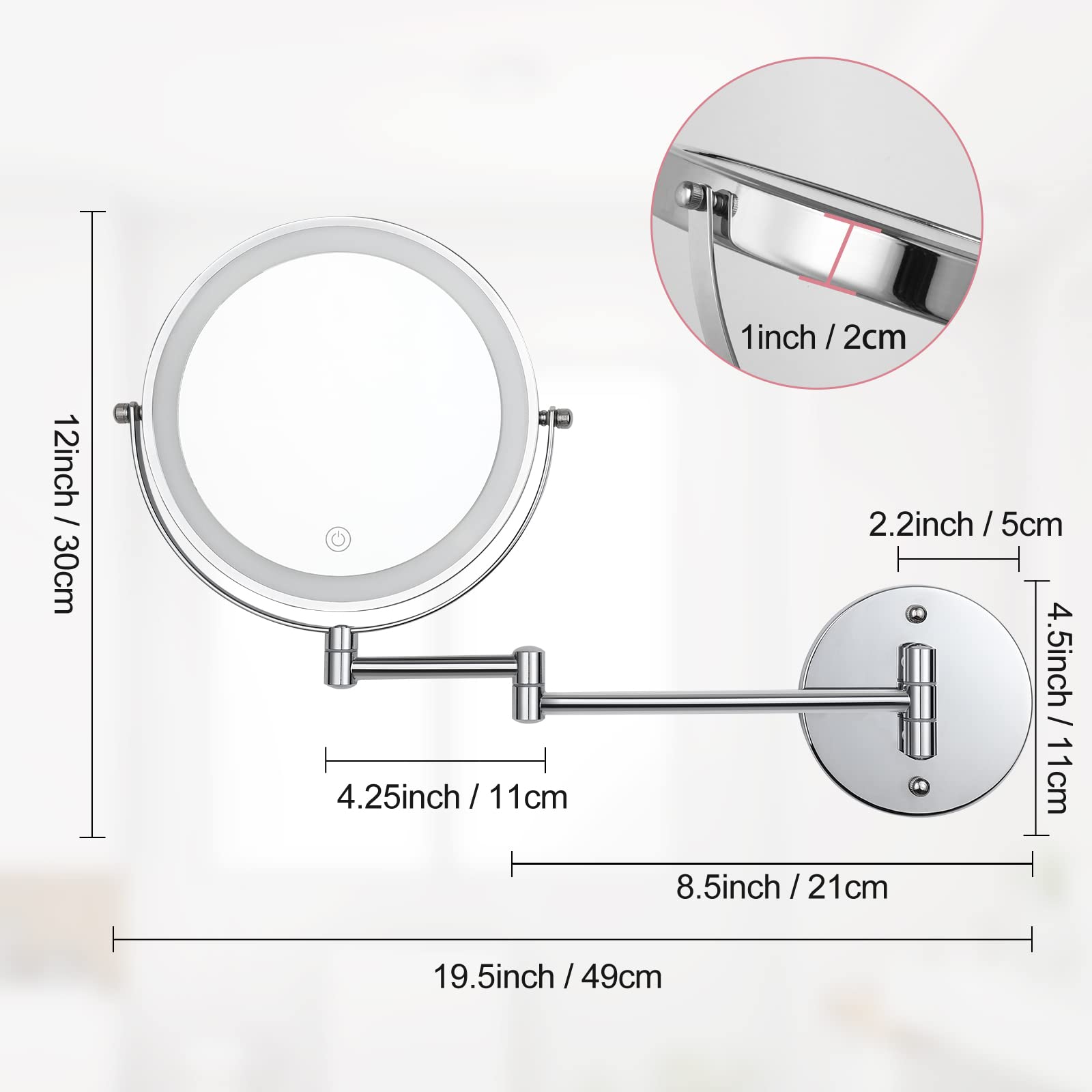 Ffowcye Wall Mounted Makeup Vanity Mirror With Lights, 8    Double Sided 1X/10X Wall Mount Magnifying Bathroom Shaving Mirror Wi