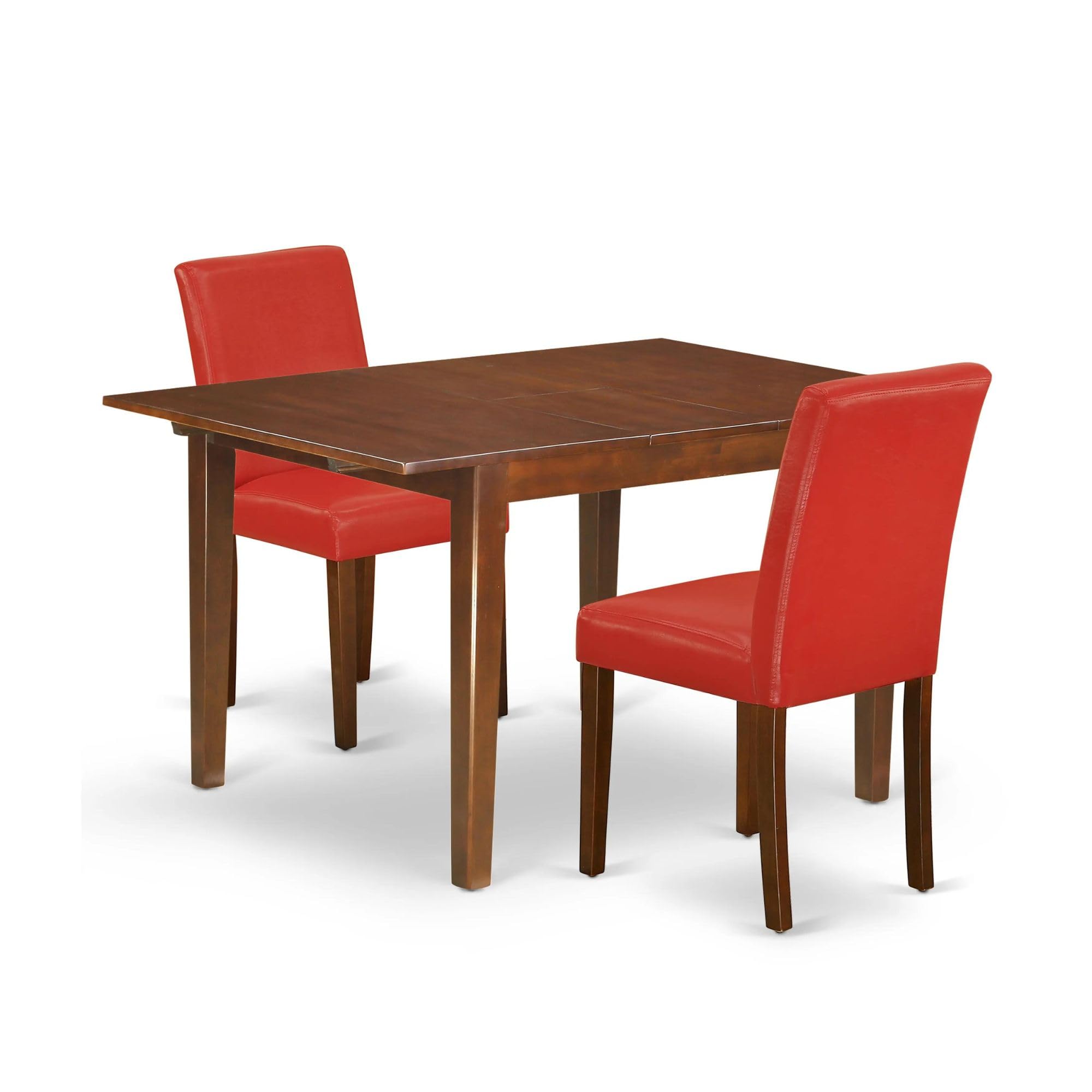 East West Furniture Noab3-Mah-72 3 Piece Dining Room Set Contains A Rectangle Wooden Table With Butterfly Leaf And 2 Firebrick Red Faux Leather Parsons Dining Chairs, 32X54 Inch, Mahogany