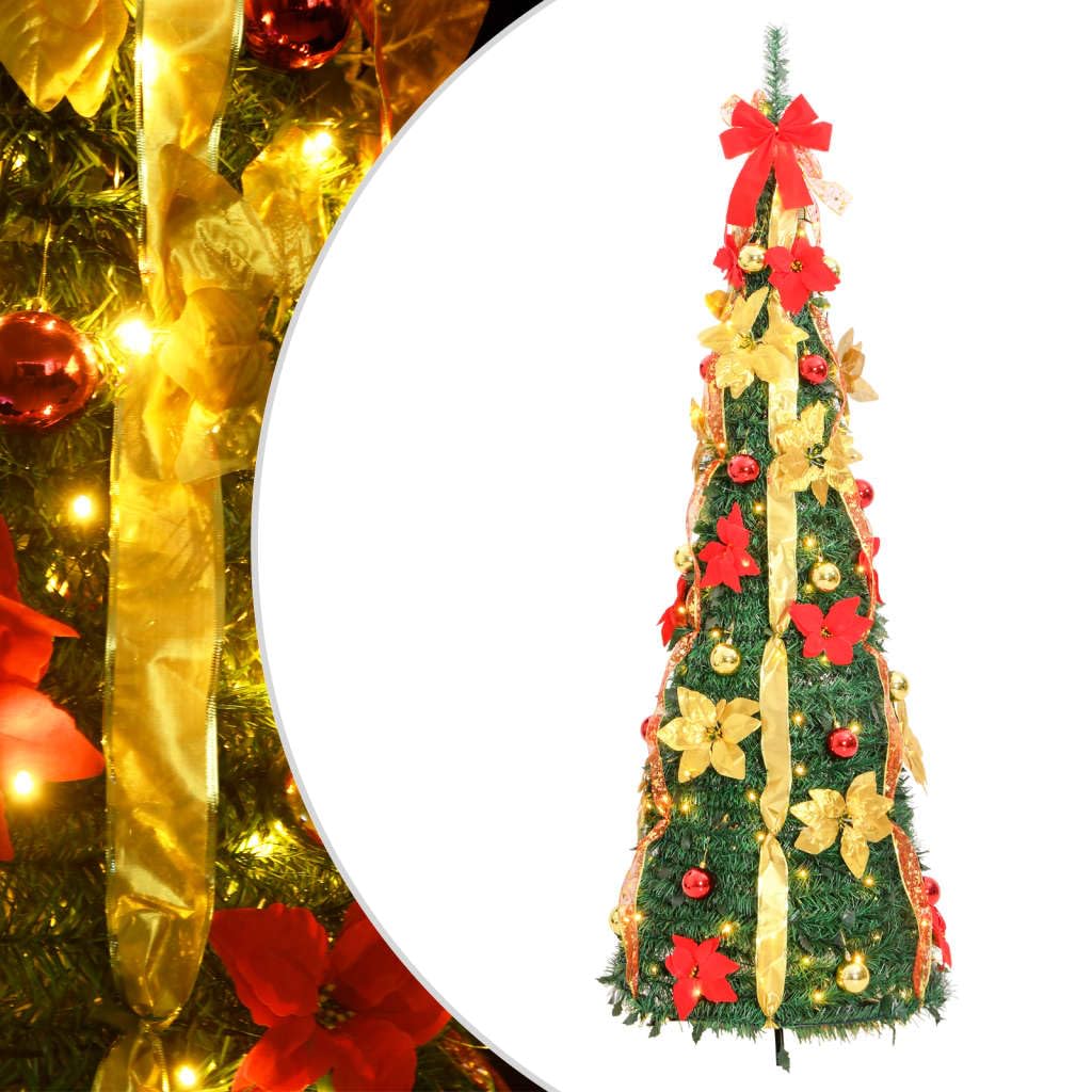 vidaXL 70.9&quot; Artificial Christmas Tree with Stand and LED String Lights - 150 LEDs, Green in Color, with Decorations, Perfect Indoor Christmas Decoration
