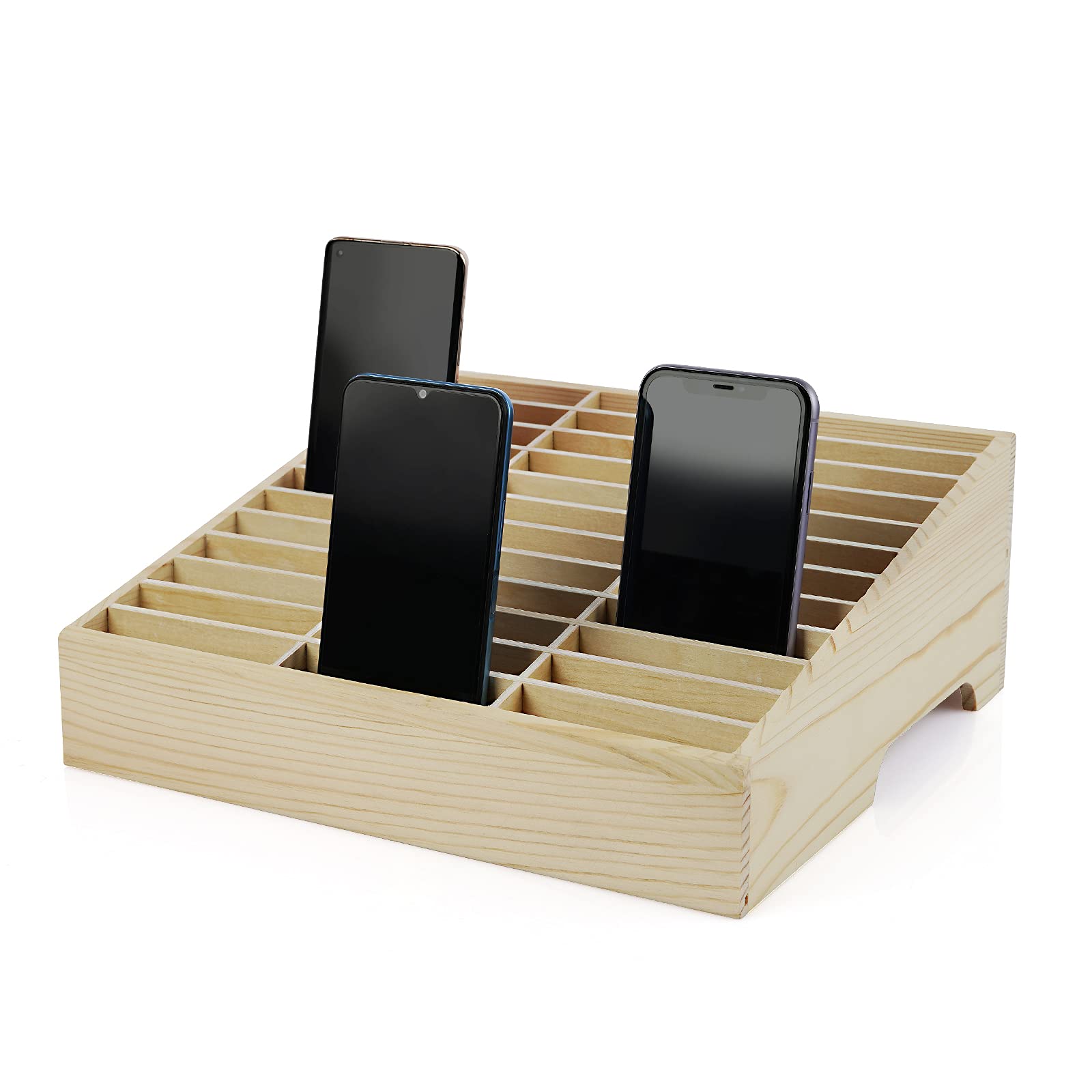Ozzptuu 36-Grid Wooden Cell Phone Holder Desktop Organizer Storage Box For Classroom Office (36-Grid)
