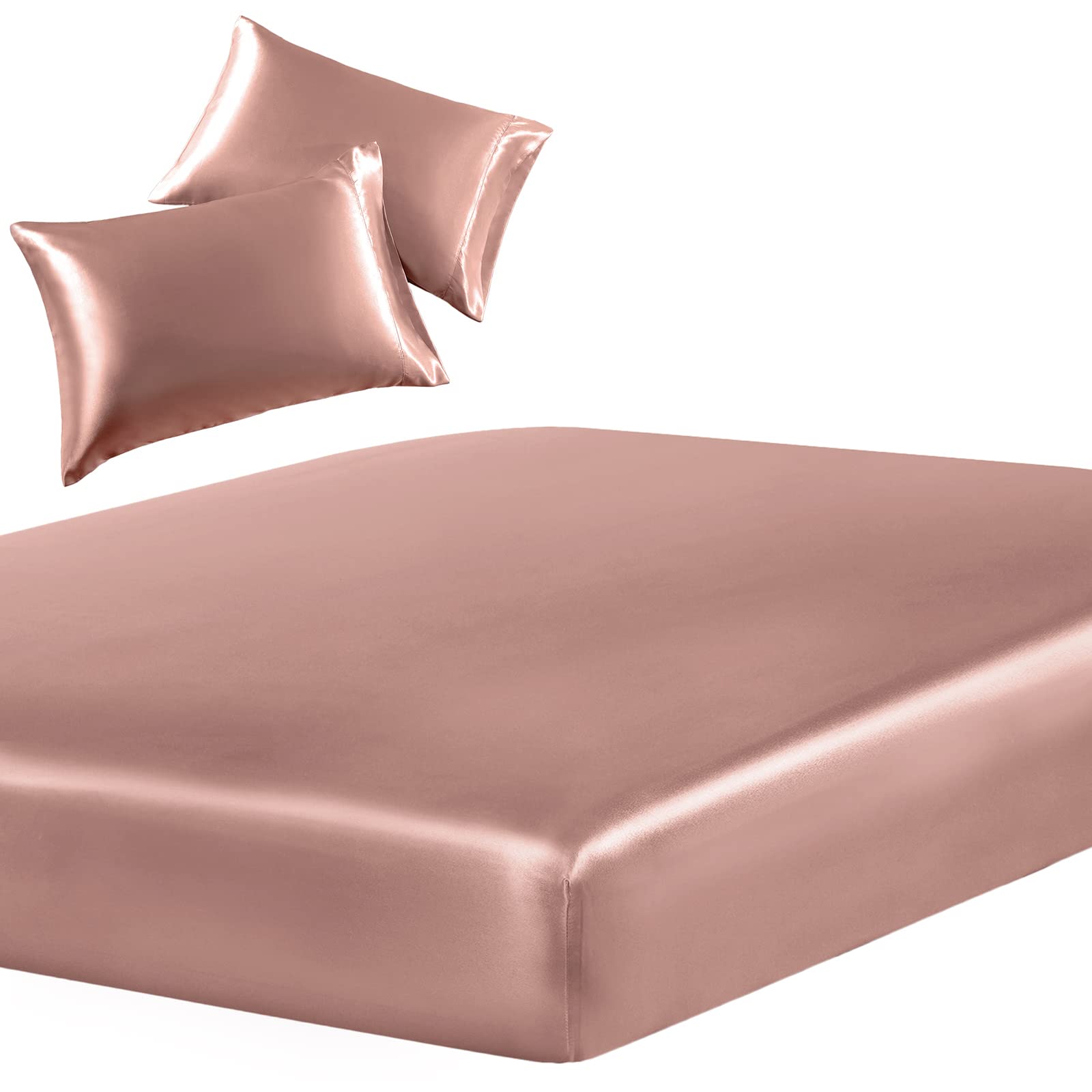 SiinvdaBZX 3-Piece Set Satin King Fitted Sheet & 2 Pillowcase, Champagne Silky Soft Fitted Bottom Sheet, Wrinkle Free, Fade Resi