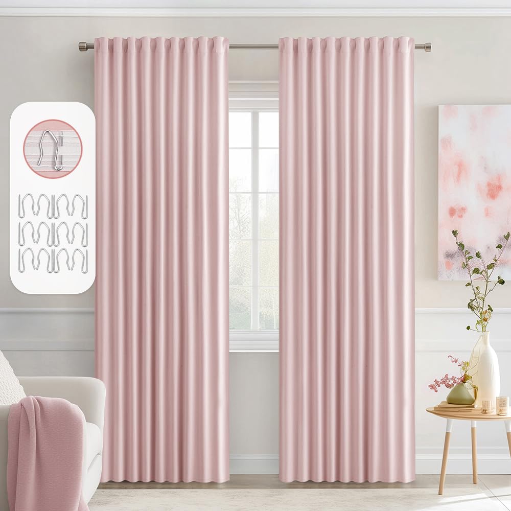 Miulee Baby Pink Back Tab Blackout Curtains 90 Inch Long 2 Panels Set For Living Room Bedroom Privacy, Rod Pocket/Pinch Pleated Thermal Insulated Room Darkening Light Blocking Curtain, 52 X 90 Inch