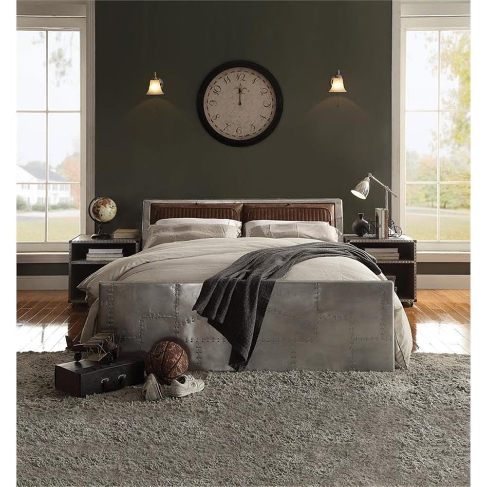 Acme Brancaster Leather Queen Platform Bed with Storage in Retro Brown and Gray