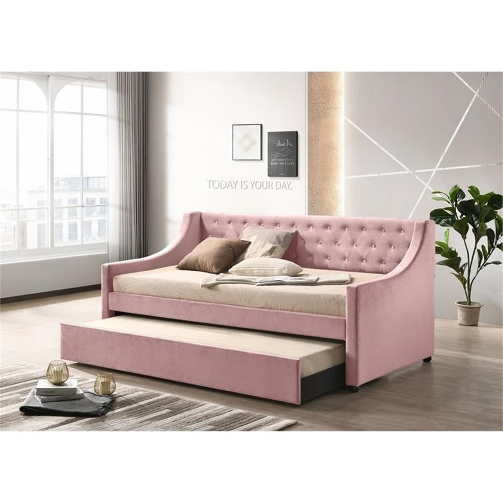 Acme Lianna Button Tufted Velvet Upholstered Twin Daybed and Trundle in Pink