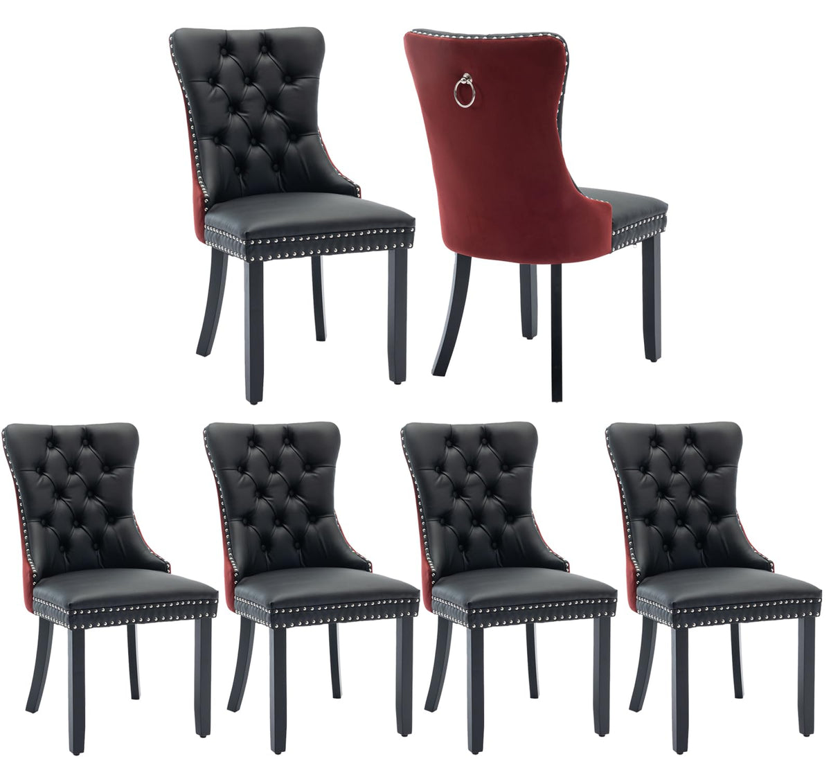 Dining Chairs Set Of 6, Upholstered Dining Room Chairs With Back Ring Pull Trim And Solid Wood Legs, Modern Tufted Kitchen Chair