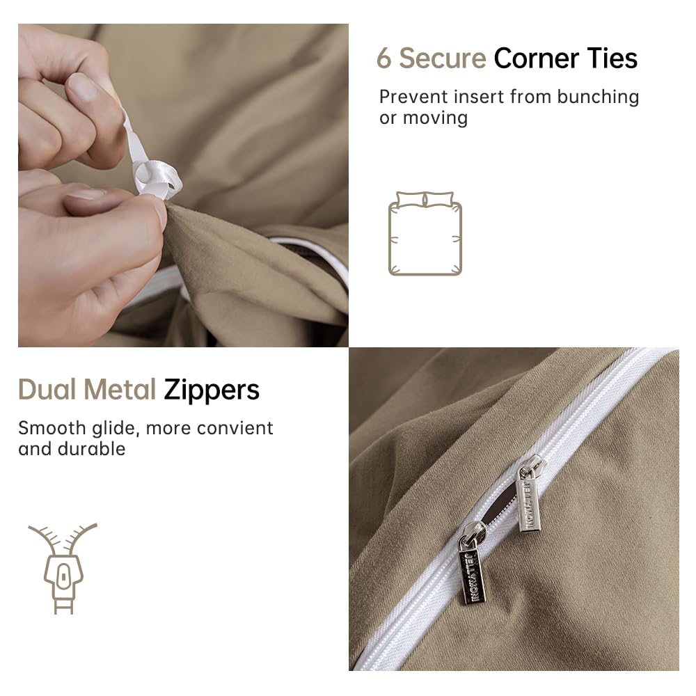 Jellymoni Khaki Duvet Cover Queen Size - 100% Washed Cotton Linen Like Textured Comforter Cover, 3 Pieces Breathable Soft Beddin