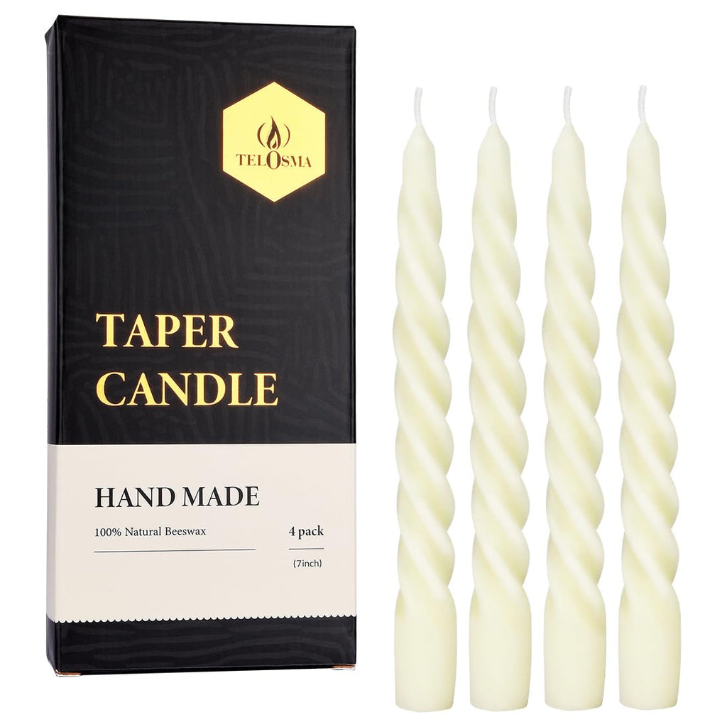 Beeswax Taper Candles Set of 4,Spiral Taper Candle Dripless Short Candle Sticks for Dinner Wedding Party Christmas Home Decorati