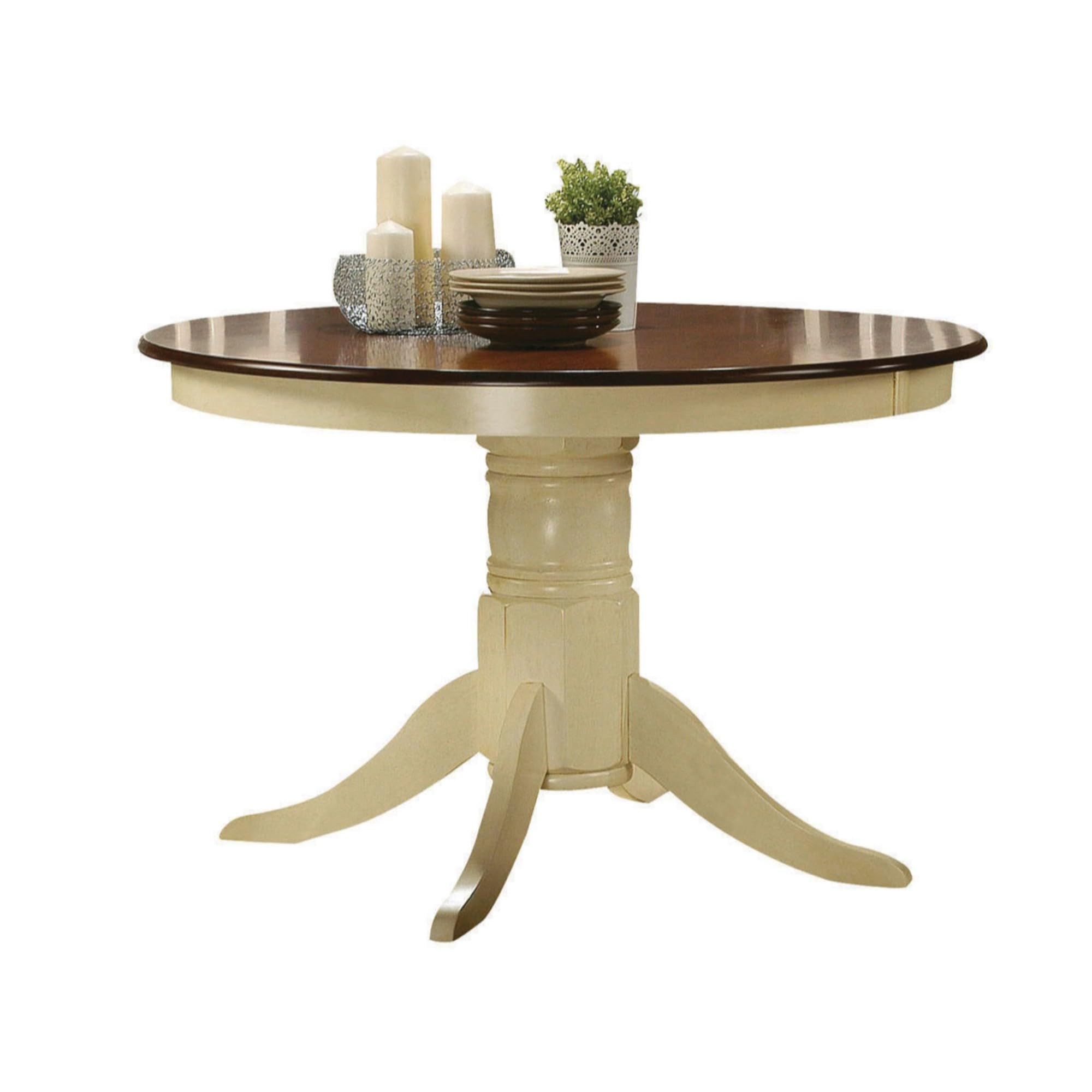 Benjara Smooth Wooden Round Dining Table With Pedestal Base, Brown and Cream