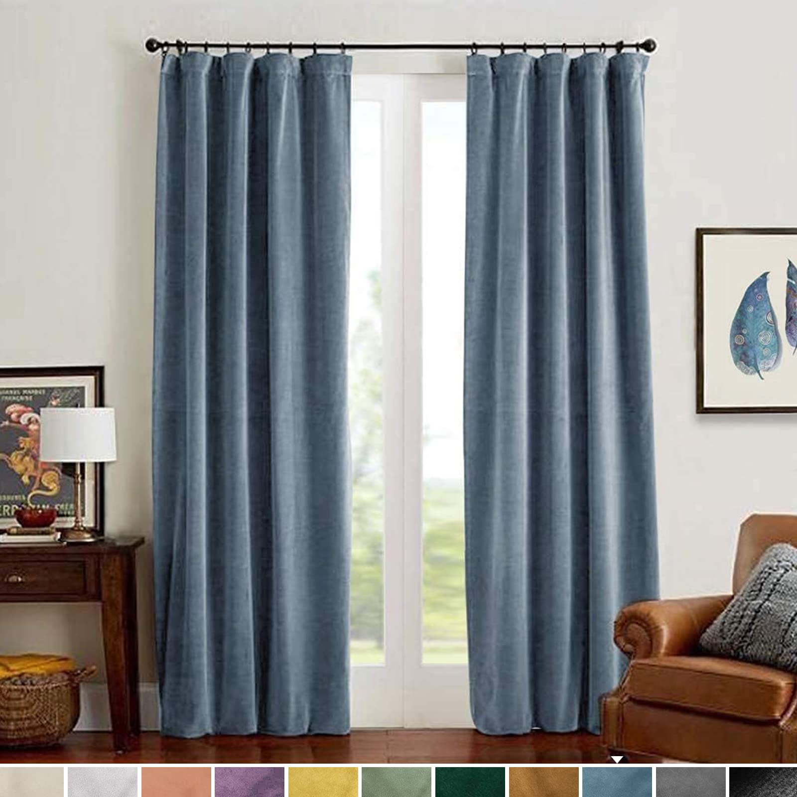 Lazzzy Velvet Blackout Curtains Blue Thermal Insulated Curtains Soundproof Noise Reducing Drapes For Bedroom Living Room Darkeni