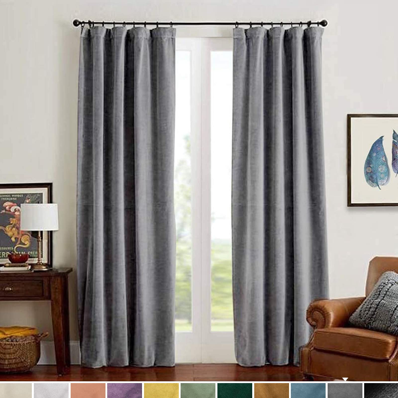 Lazzzy Velvet Curtains Grey 108 Inches Extra Long Thermal Insulated Drapes For Living Room Bedroom Heavy Duty Window Treatments