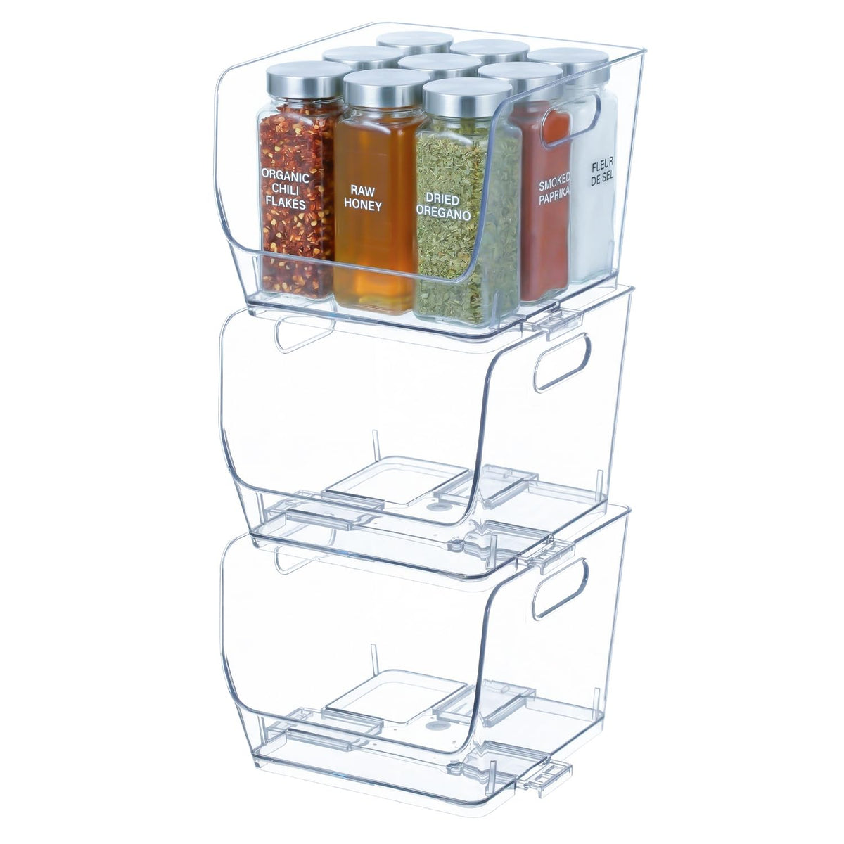 Basicwise Set of 3 OpenFront 9Inch Clear Storage Bins with EasyGrip Handles Stackable Transparent Plastic Organizer Container
