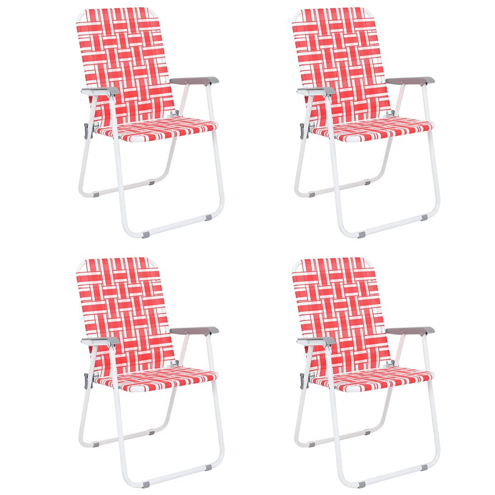 VINGLI Patio Lawn Webbed Folding Chairs Set of 4, Outdoor Beach Chair Portable Dining Chair for ir for Outdoor Yard, Garden(Red,