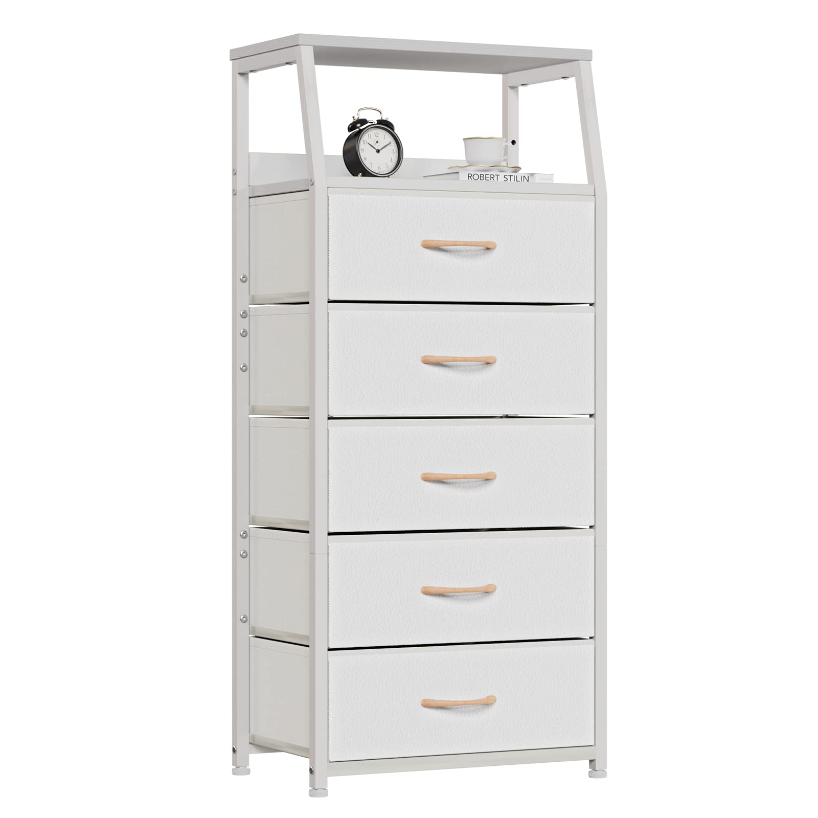 Furnulem White Dresser with 5 Drawers, Vertical Storage Tower Fabric Dresser for Bedroom, Hallway, Entryway, Nursery, Closet Org