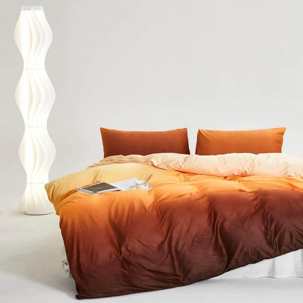 Clothknow Dark Orange Velvet Queen Comforter Set 3Pcs Orange Beige Fluffy Bedding Comforter Sets Dark Yellow Queen Comforter Soft Caramel Queen Size Comforter Sets