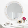 DUQIMO White Round Mirror 24 Inches, Natural Mother of Pearl Inlay Framed Circle Mirrors for Wall, Shatterproof Tempered Glass M